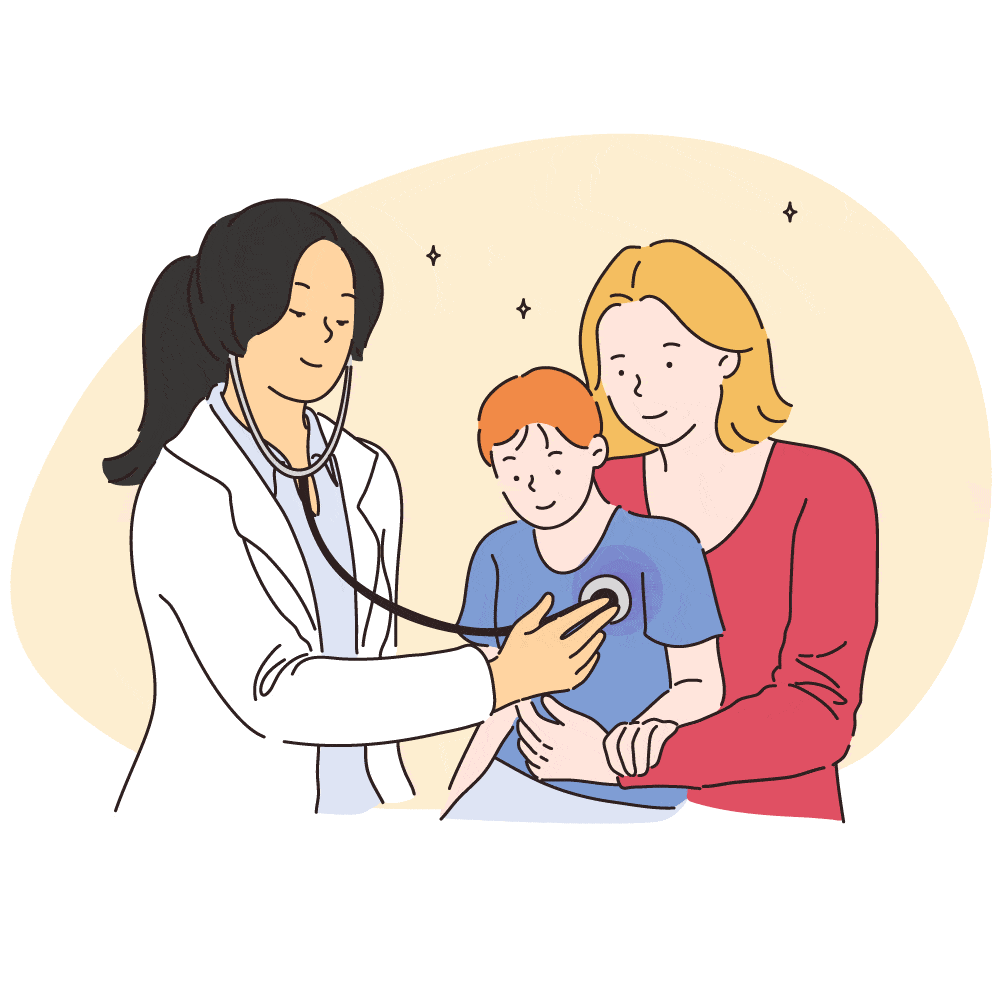 Drawn female Asian doctor treating child