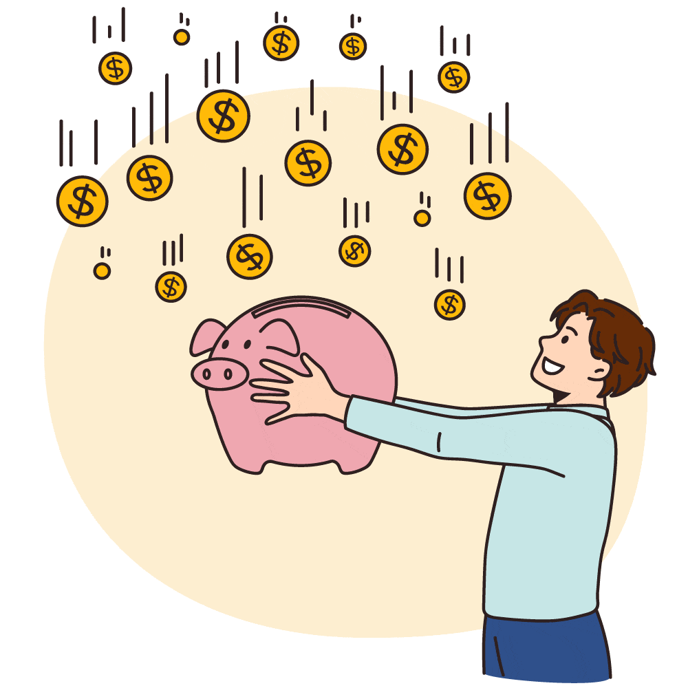 drawn happy man holding piggy bank with coins raining down